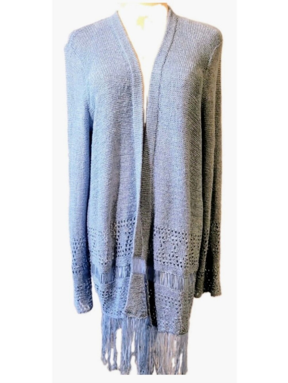 MICHAEL Michael Kors Crochet Fringe Open Duster Cardigan Sweater Size M Blue